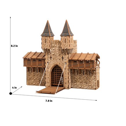 I BUILT IT - The Barbican - Pro Texture - Dimensions - Castle Gatehouse - 28mm scale miniature - miniature terrain kit - 3D puzzle - DIY - MDF terrain kit - I BUILT IT Miniatures