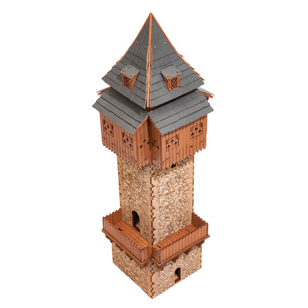 I BUILT IT - The Eyrie - Pro Texture - front view with adapter - Medieval Castle Guard Tower - 28mm scale miniature - miniature terrain kit - 3D puzzle - DIY - MDF terrain kit - I BUILT IT Miniatures