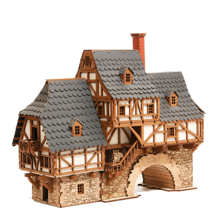 I BUILT IT - Fawlty Manor - Pro Texture - side view - Medieval Row House - 28mm scale miniature - miniature terrain kit - 3D puzzle - DIY - MDF terrain kit - I BUILT IT Miniatures - wooden puzzle - model kit
