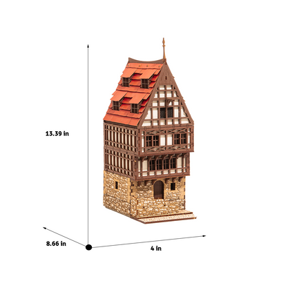I BUILT IT - Creaky Timbers - Pro Texture - dimensions view - Medieval Row House - 28mm scale miniature - miniature terrain kit - 3D puzzle - DIY - MDF terrain kit - I BUILT IT Miniatures - wooden puzzle - model kit
