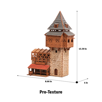 I BUILT IT - The Eyrie - Pro Texture - Dimensions - Medieval Castle Guard Tower - 28mm scale miniature - miniature terrain kit - 3D puzzle - DIY - MDF terrain kit - I BUILT IT Miniatures