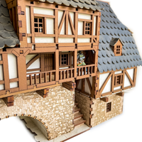 I BUILT IT - Fawlty manor - Pro Texture - detailed view - Medieval Row House - 28mm scale miniature - miniature terrain kit - 3D puzzle - DIY - MDF terrain kit - I BUILT IT Miniatures - wooden puzzle - model kit