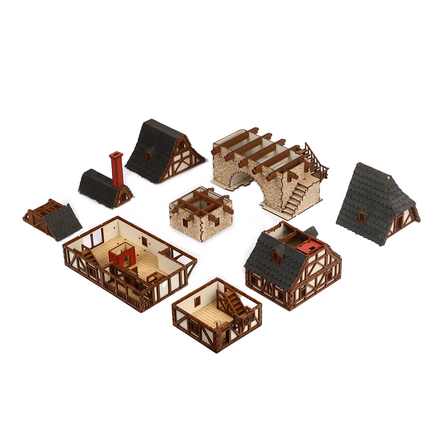 I BUILT IT - Creaky Timbers - Pro Texture - disassembled  - Medieval Row House - 28mm scale miniature - miniature terrain kit - 3D puzzle - DIY - MDF terrain kit - I BUILT IT Miniatures - wooden puzzle - model kit