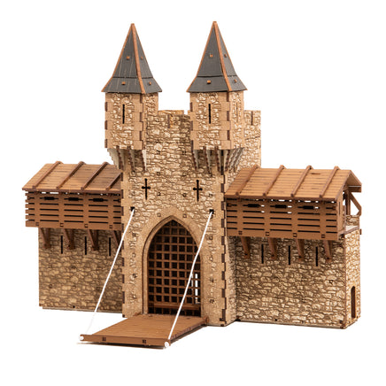  I BUILT IT - The Barbican  - Pro Texture - front view - Castle Gatehouse - 28mm scale miniature - miniature terrain kit - 3D puzzle - DIY - MDF terrain kit - I BUILT IT Miniatures