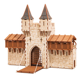 I BUILT IT - The Barbican - Standard Texture - side view - Castle Gatehouse - 28mm scale miniature - miniature terrain kit - 3D puzzle - DIY - MDF terrain kit - I BUILT IT Miniatures