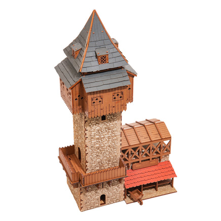 I BUILT IT - The Eyrie - Pro Texture - side view with adapter - Medieval Castle Guard Tower - 28mm scale miniature - miniature terrain kit - 3D puzzle - DIY - MDF terrain kit - I BUILT IT Miniatures