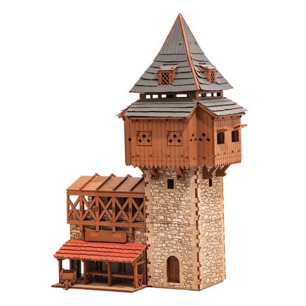 I BUILT IT - The Eyrie - Pro Texture - side view - Medieval Castle Guard Tower - 28mm scale miniature - miniature terrain kit - 3D puzzle - DIY - MDF terrain kit - I BUILT IT Miniatures