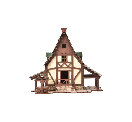 I BUILT IT - Green Gables - Standard Texture - side view - Medieval Peasant Dwelling - 28mm scale miniature - miniature terrain kit - 3D puzzle - DIY - MDF terrain kit - I BUILT IT Miniatures - wooden puzzle - model kit