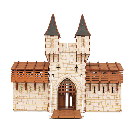 I BUILT IT - The Barbican - Standard Texture - side view - Castle Gatehouse - 28mm scale miniature - miniature terrain kit - 3D puzzle - DIY - MDF terrain kit - I BUILT IT Miniaturess