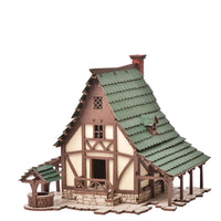 Green Gables - Medieval I BUILT IT - Green Gables - Standard Texture - side view - Medieval Peasant Dwelling - 28mm scale miniature - miniature terrain kit - 3D puzzle - DIY - MDF terrain kit - I BUILT IT Miniatures - wooden puzzle - model kit