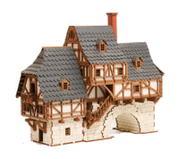 I BUILT IT - Creaky Timbers - Standard Texture - side view - Medieval Row House - 28mm scale miniature - miniature terrain kit - 3D puzzle - DIY - MDF terrain kit - I BUILT IT Miniatures - wooden puzzle - model kit