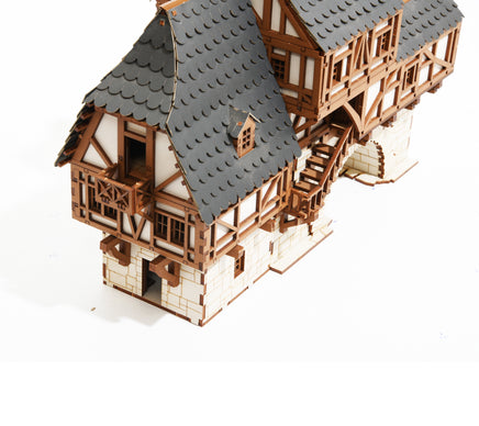I BUILT IT - Fawlty Manor - Standard Texture - detailed view - Medieval Row House - 28mm scale miniature - miniature terrain kit - 3D puzzle - DIY - MDF terrain kit - I BUILT IT Miniatures - wooden puzzle - model kit